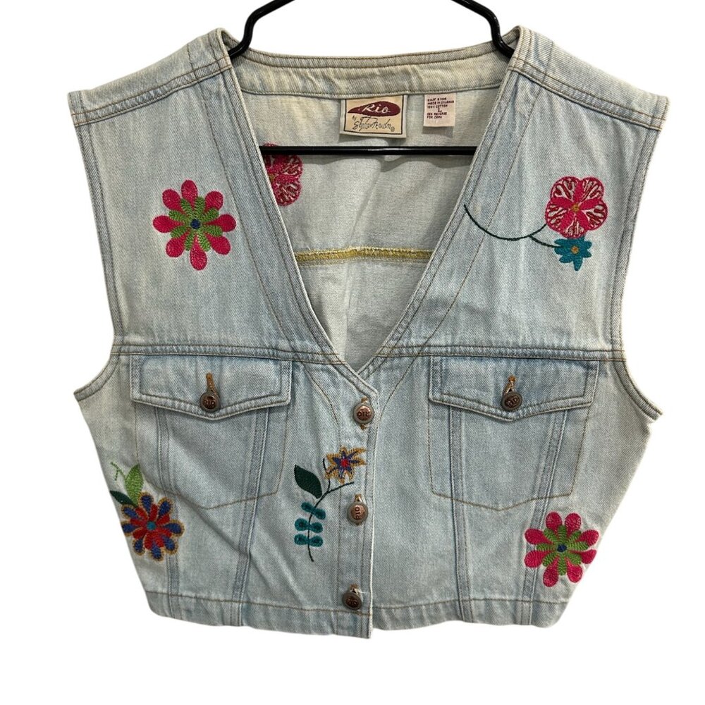 Vintage Rio by Stephen Mardon Embroidered Denim Vest Floral Button-Up Sz L Retro
